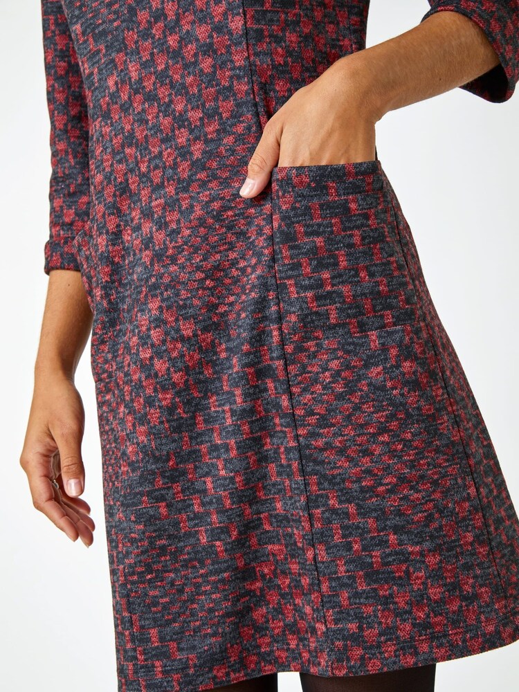 Roman Red Check Turn Sleeve Pocket Shift Dress - Image 5 of 5