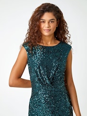 Roman Green Sequin Twist Front Stretch Dress - Image 4 of 5