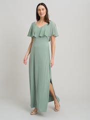 Gina Bacconi Green Peaches V-Neck Chiffon Frill Maxi Dress - Image 1 of 4