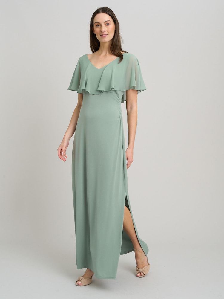 Gina Bacconi Green Peaches V-Neck Chiffon Frill Maxi Dress - Image 1 of 4