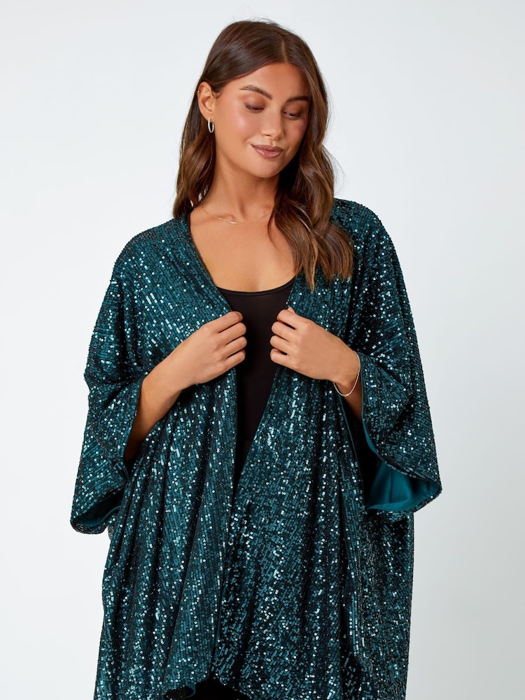Roman Green Embellished Sequin Cape Jacket - Image 2 of 5