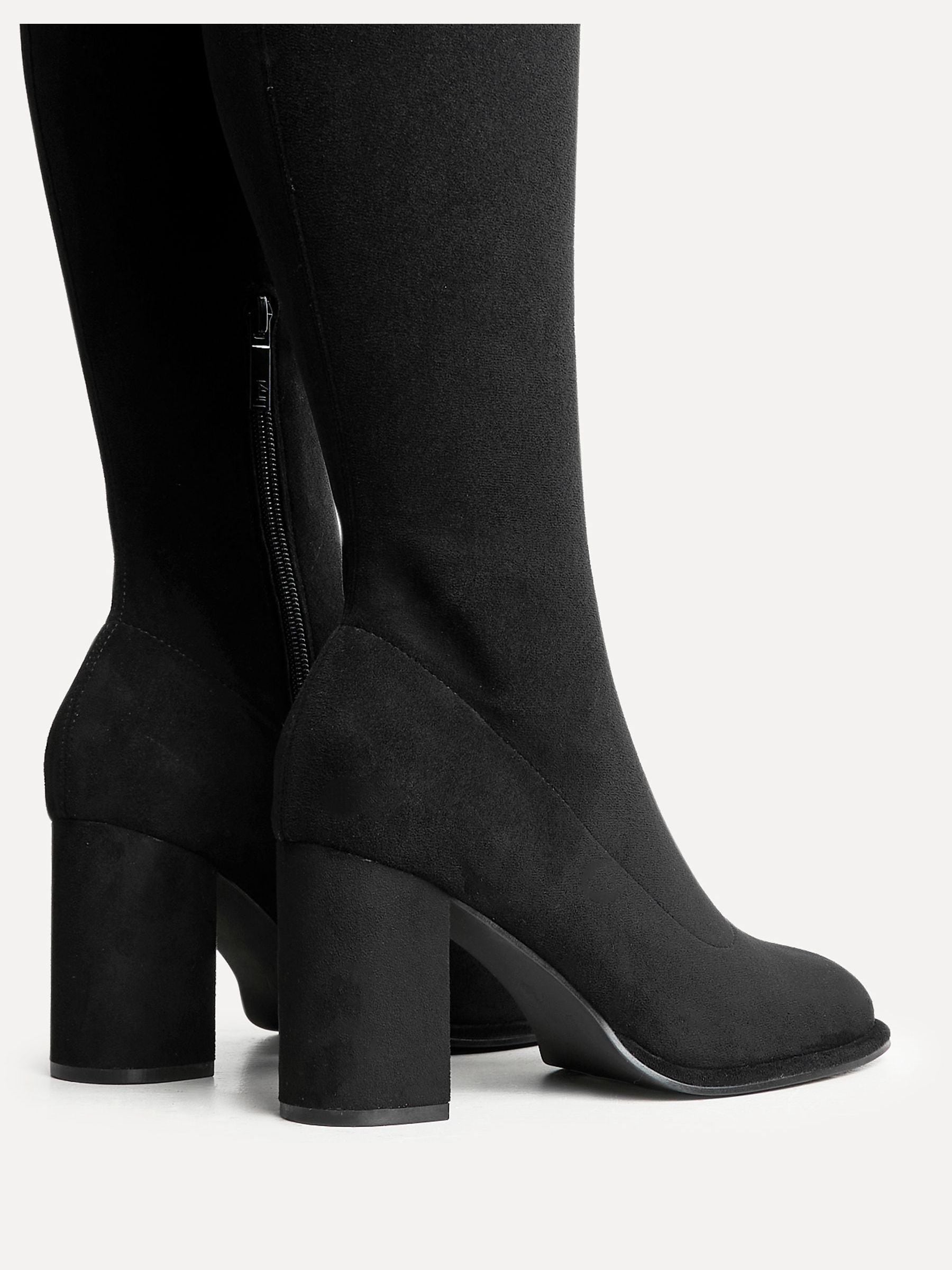 Buy Linzi Black Kylie Stretch Suede Long Block Heeled Boots With Round Toe from the Next UK online shop
