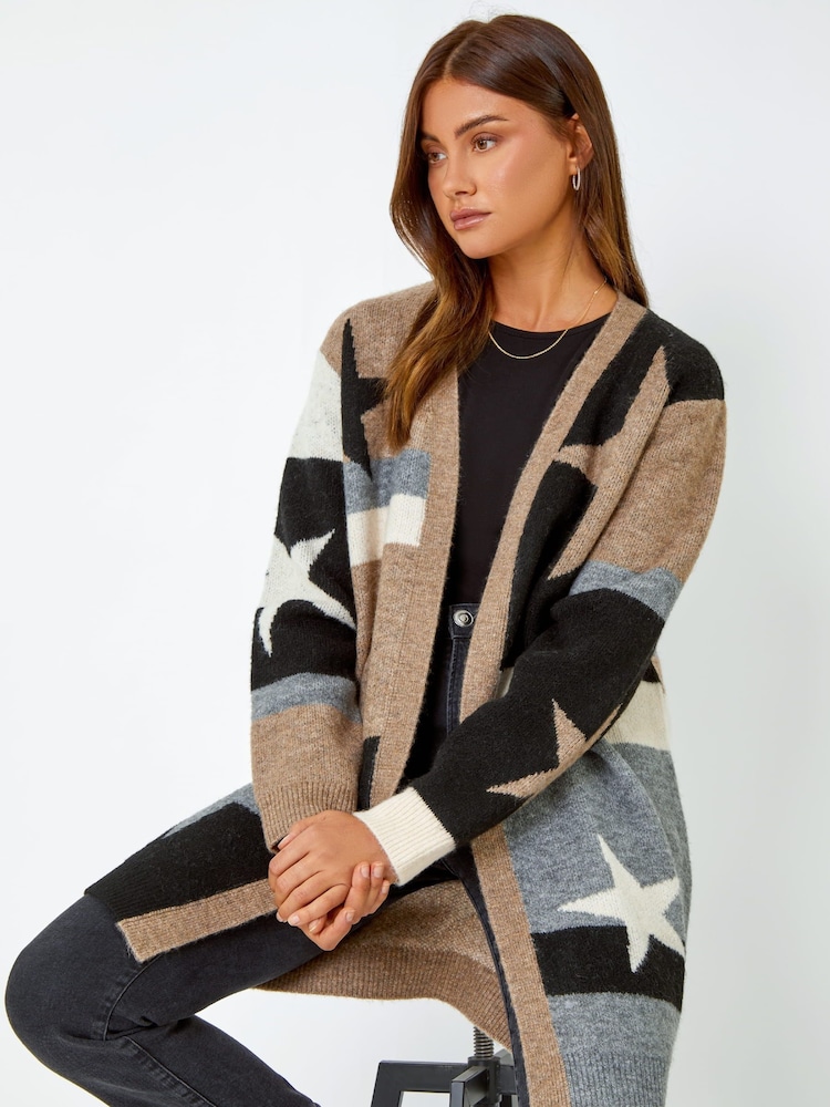 Roman Natural Colour Block Star Longline Cardigan - Image 1 of 6