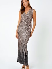 Roman Metallic Ruched Sequin Stretch Maxi Dress - Image 1 of 5