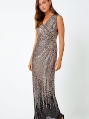 Roman Metallic Ruched Sequin Stretch Maxi Dress - Image 3 of 5