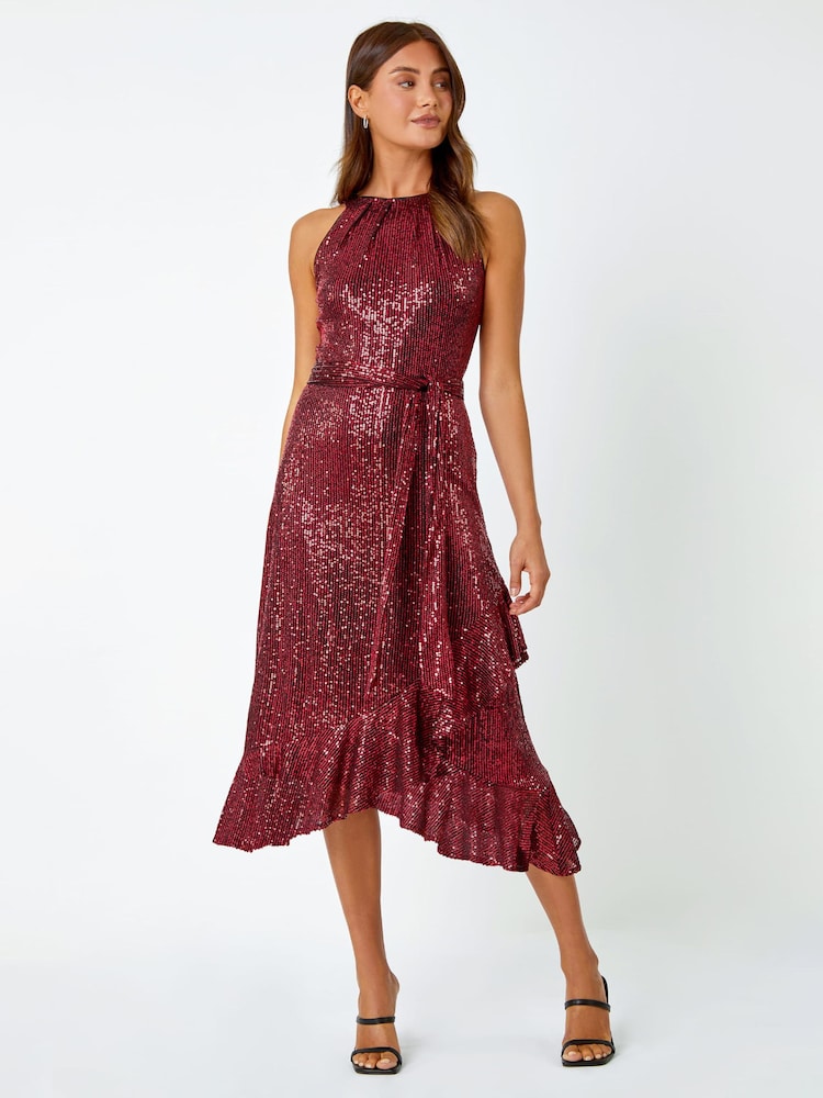 Roman Red Halter Neck Sequin Midi Stretch Dress - Image 1 of 5