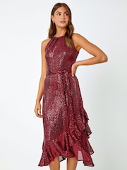 Roman Red Halter Neck Sequin Midi Stretch Dress - Image 2 of 5