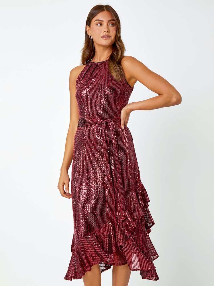 Roman Red Halter Neck Sequin Midi Stretch Dress - Image 2 of 5