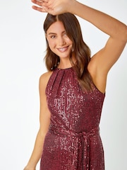 Roman Red Halter Neck Sequin Midi Stretch Dress - Image 4 of 5