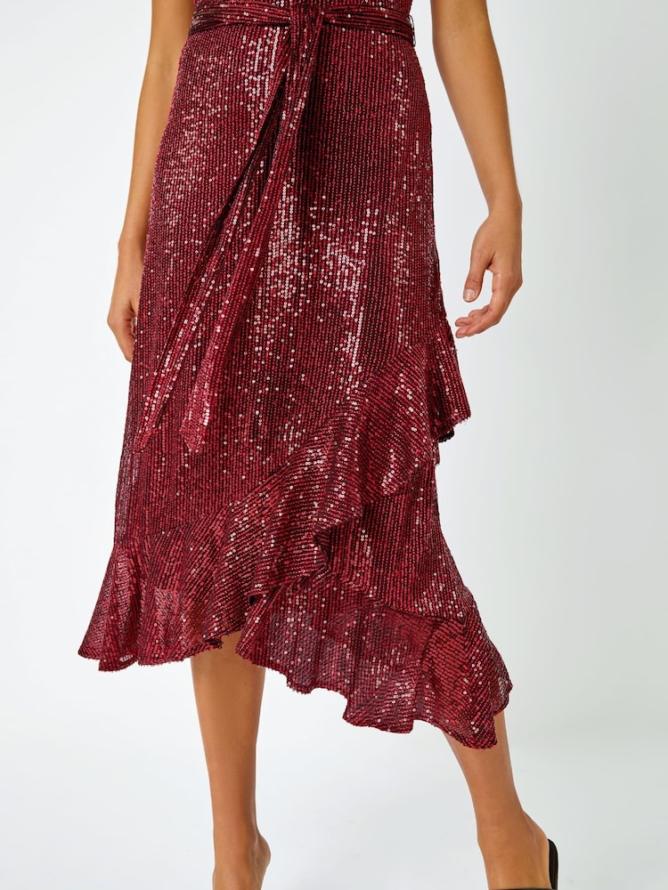 Roman Red Halter Neck Sequin Midi Stretch Dress - Image 5 of 5