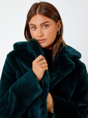 Roman Green Faux Fur Longline Coat - Image 4 of 5