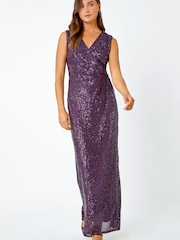 Roman Purple Sequin Twist Detail Maxi Dress - Image 1 of 6