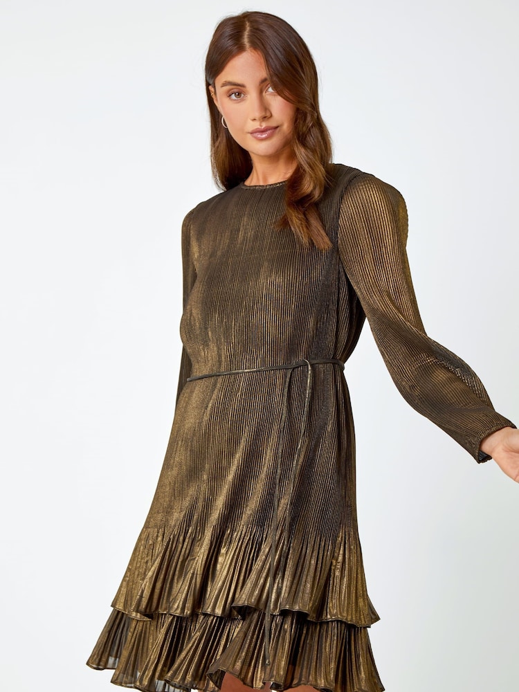 Roman Metallic Plisse Shimmer Tiered Mini Dress - Image 1 of 5