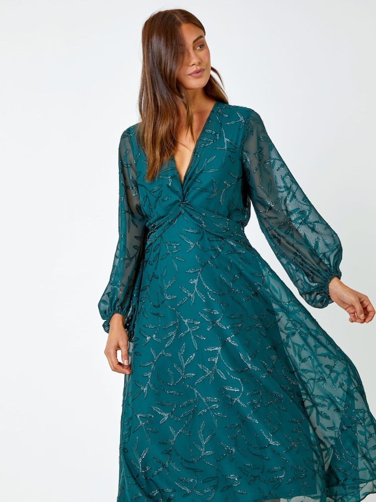 Roman Green Textured Floral Twist Front Midi Dress - Image 1 of 5