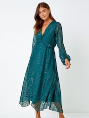Roman Green Textured Floral Twist Front Midi Dress - Image 2 of 5