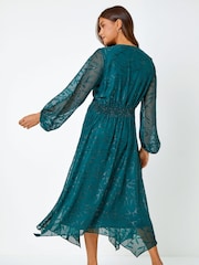 Roman Green Textured Floral Twist Front Midi Dress - Image 3 of 5