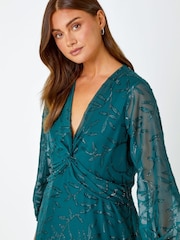 Roman Green Textured Floral Twist Front Midi Dress - Image 4 of 5