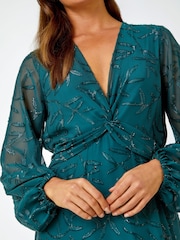 Roman Green Textured Floral Twist Front Midi Dress - Image 5 of 5