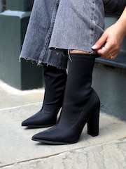 Linzi Black Diva Lycra Pointed Toe Sock Boots With Block Heel - Image 1 of 4