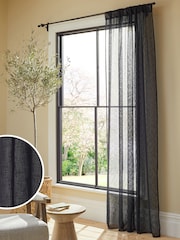 Black Linen Look Slot Top Voile Unlined Sheer Panel Curtain - Image 1 of 2