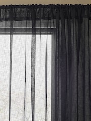Black Linen Look Slot Top Voile Unlined Sheer Panel Curtain - Image 2 of 2