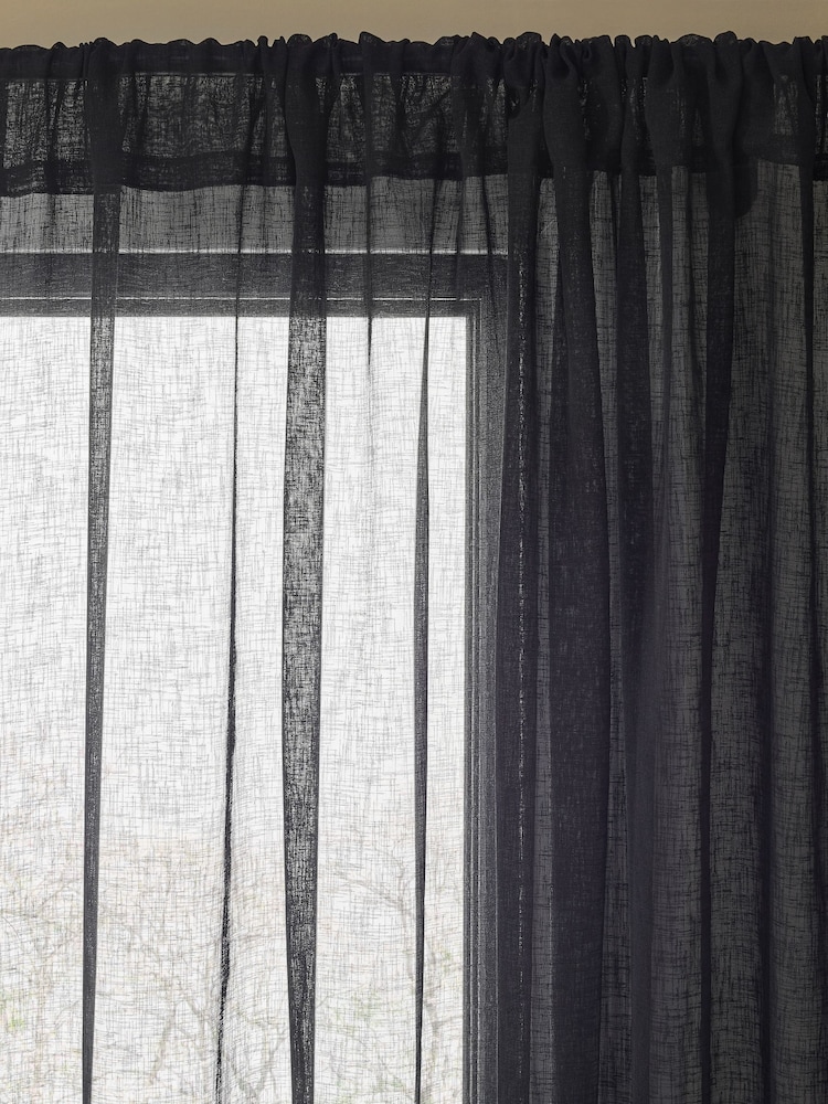 Black Linen Look Slot Top Voile Unlined Sheer Panel Curtain - Image 2 of 2