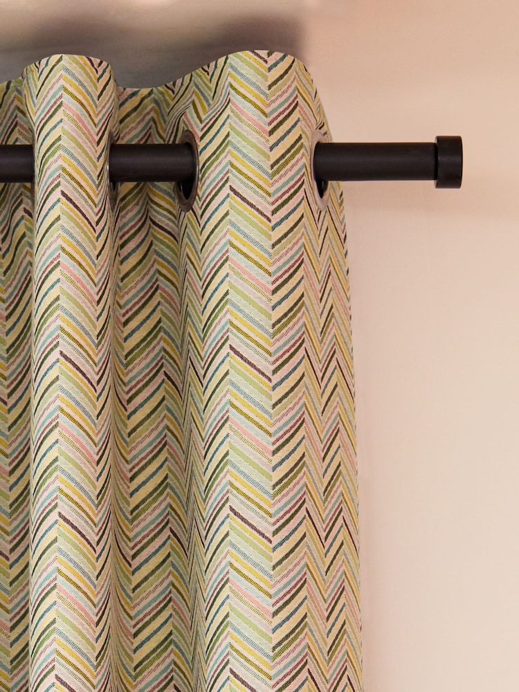 Multicolour Green Chevron Jacquard Eyelet Lined Curtains - Image 1 of 5