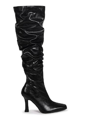 Linzi Black Robyn Faux Suede Long Ruched Heel Boots - Image 2 of 4