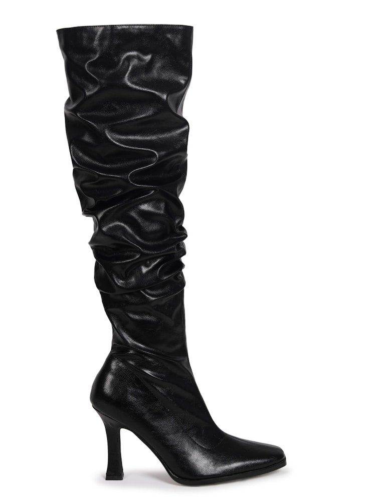 Linzi Black Robyn Faux Suede Long Ruched Heel Boots - Image 2 of 4