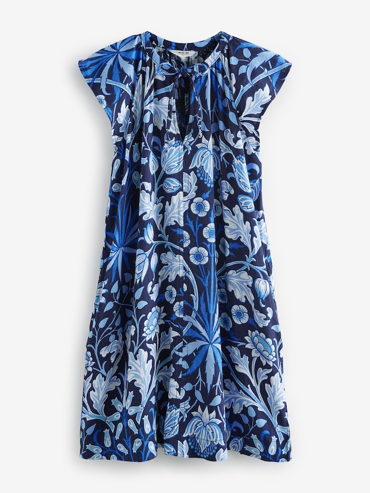Morris & Co. Hyacinth Navy Floral Tie Neck Linen Blend Summer Dress - Image 7 of 7
