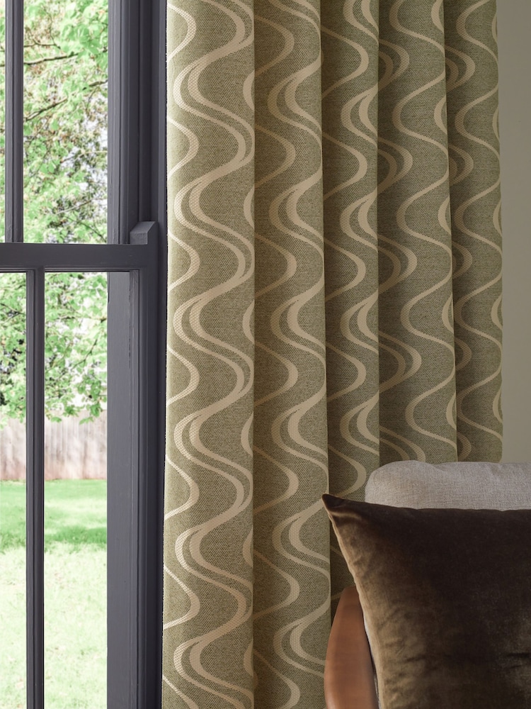 Green Swirl Jacquard Eyelet Lined Curtains - Image 1 of 6 Green Swirl Jacquard Eyelet Lined Curtains - Image 1 of 6