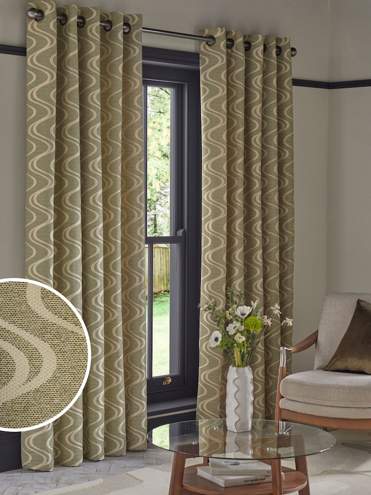 Green Swirl Jacquard Eyelet Lined Curtains - Image 2 of 6 Green Swirl Jacquard Eyelet Lined Curtains - Image 2 of 6