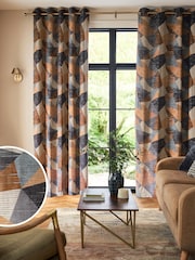 Blue/Orange Collection Luxe Heavyweight Cut Velvet Abstract Eyelet Lined Curtains - Image 2 of 6