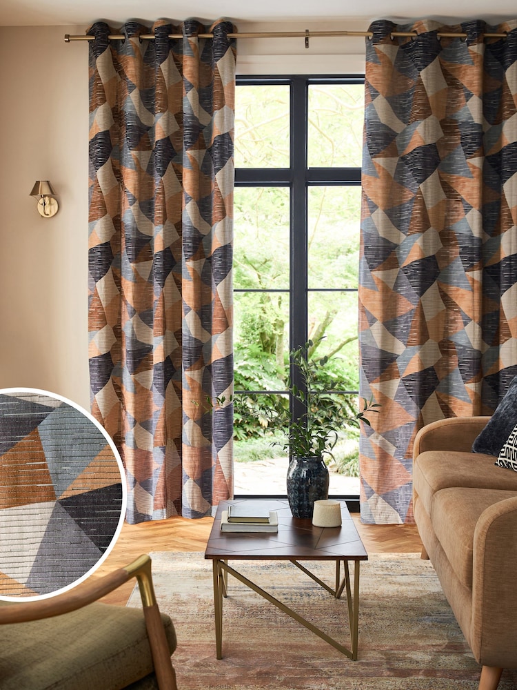 Blue/Orange Collection Luxe Heavyweight Cut Velvet Abstract Eyelet Lined Curtains - Image 2 of 6
