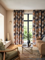 Blue/Orange Collection Luxe Heavyweight Cut Velvet Abstract Eyelet Lined Curtains - Image 3 of 6