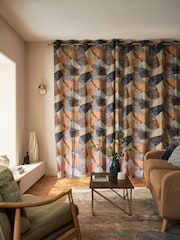 Blue/Orange Collection Luxe Heavyweight Cut Velvet Abstract Eyelet Lined Curtains - Image 4 of 6
