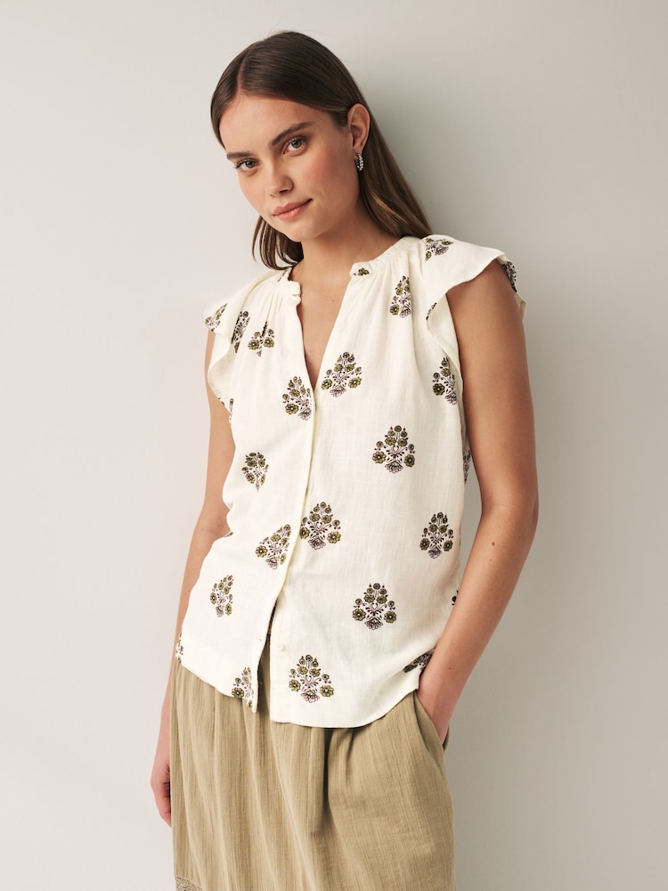 Ecru Cream Linen Blend Button Down Relaxed Sleeve Printed Top - Image 1 of 5
