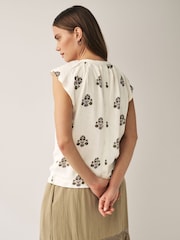 Ecru Cream Linen Blend Button Down Relaxed Sleeve Printed Top - Image 2 of 5
