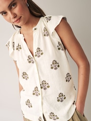 Ecru Cream Linen Blend Button Down Relaxed Sleeve Printed Top - Image 3 of 5