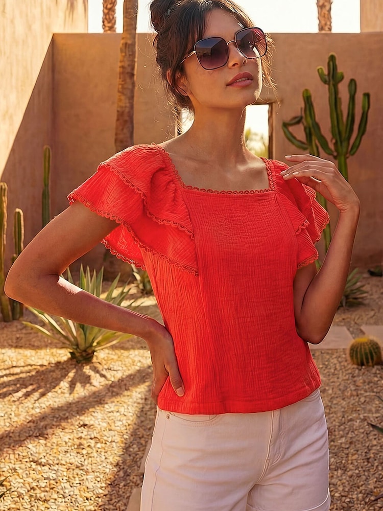 Roman Red Textured Lace Trim Top - Image 1 of 4