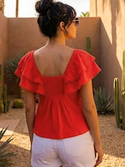 Roman Red Textured Lace Trim Top - Image 3 of 4