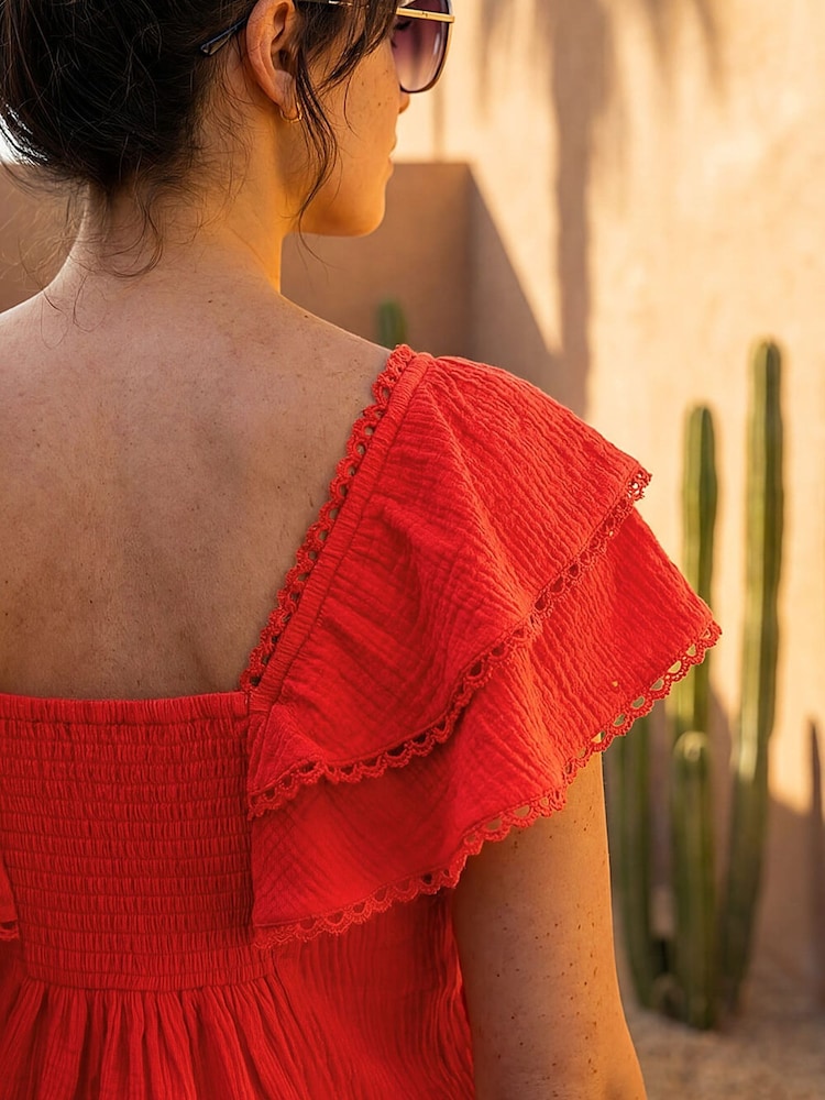Roman Red Textured Lace Trim Top - Image 4 of 4