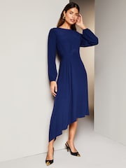 Lipsy Navy Blue Long Sleeve Asymmetric Pleated Midi Dress - Image 1 of 4