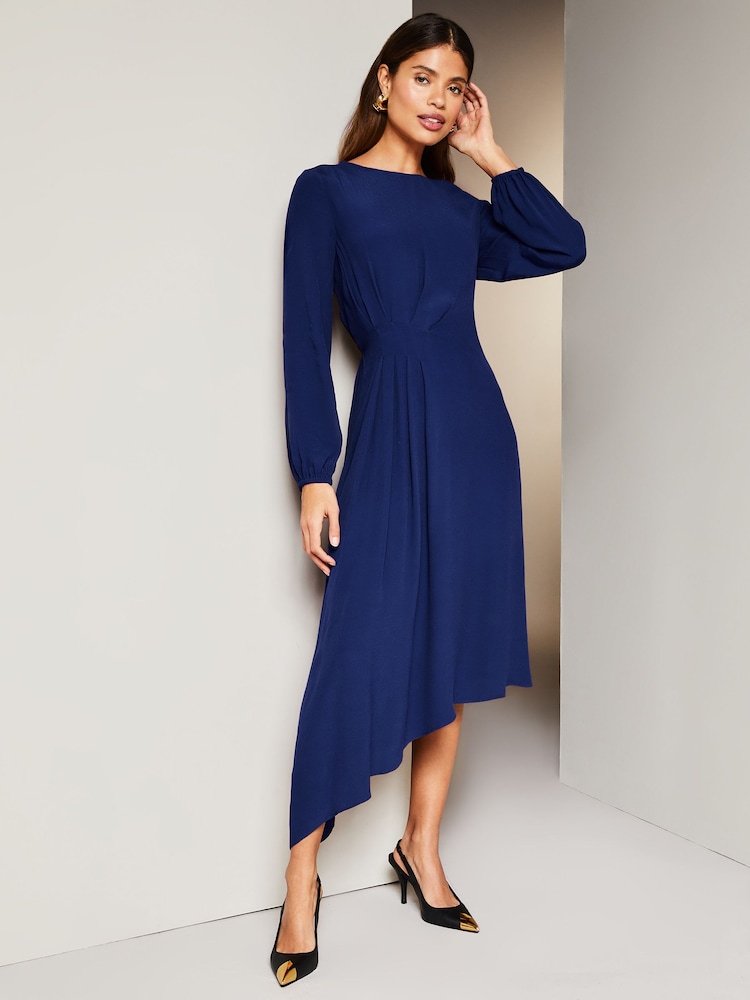 Lipsy Navy Blue Long Sleeve Asymmetric Pleated Midi Dress - Image 1 of 4
