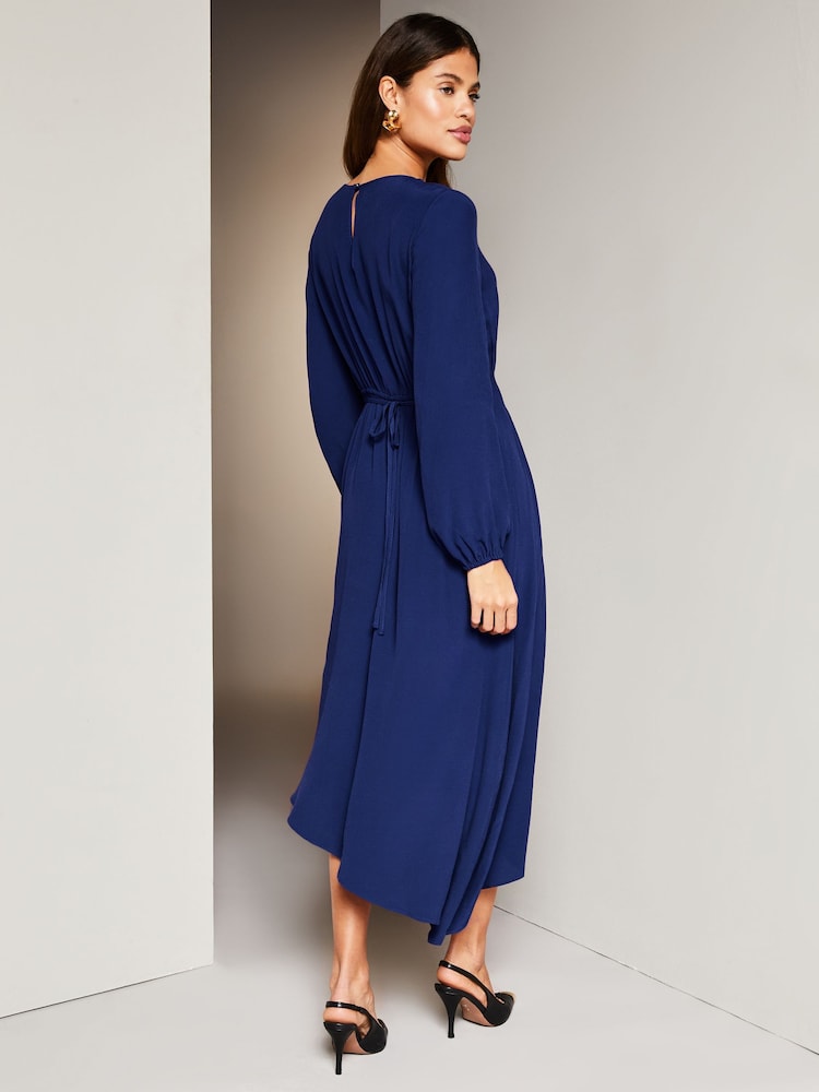 Lipsy Navy Blue Long Sleeve Asymmetric Pleated Midi Dress - Image 2 of 4