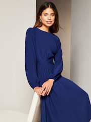 Lipsy Navy Blue Long Sleeve Asymmetric Pleated Midi Dress - Image 3 of 4
