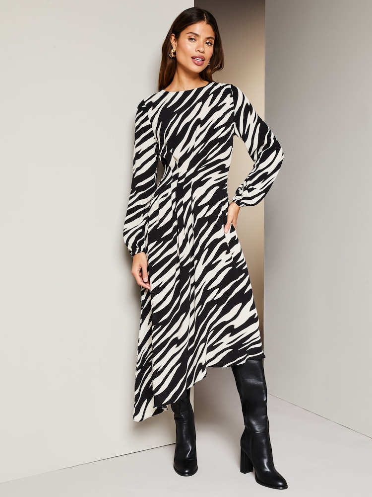 Lipsy Black/White Long Sleeve Asymmetric Hanky Hem Pleated Midi Dress - Image 1 of 4 Lipsy Black/White Long Sleeve Asymmetric Hanky Hem Pleated Midi Dress - Image 1 of 4