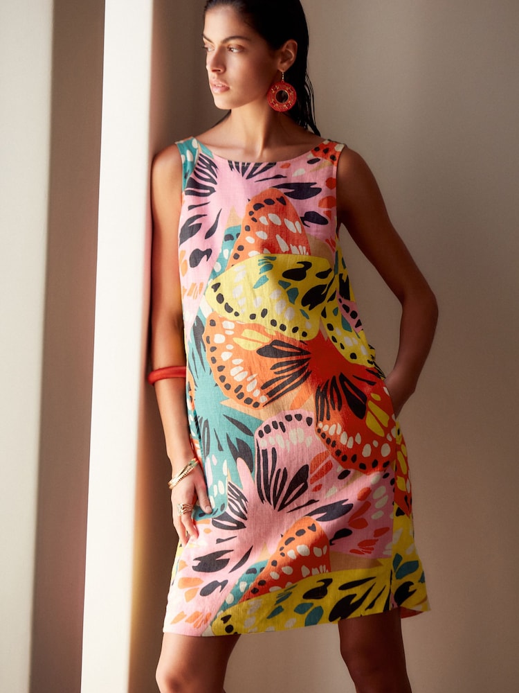Pink Floral Linen Blend Sleeveless Shift Dress - Image 1 of 6
