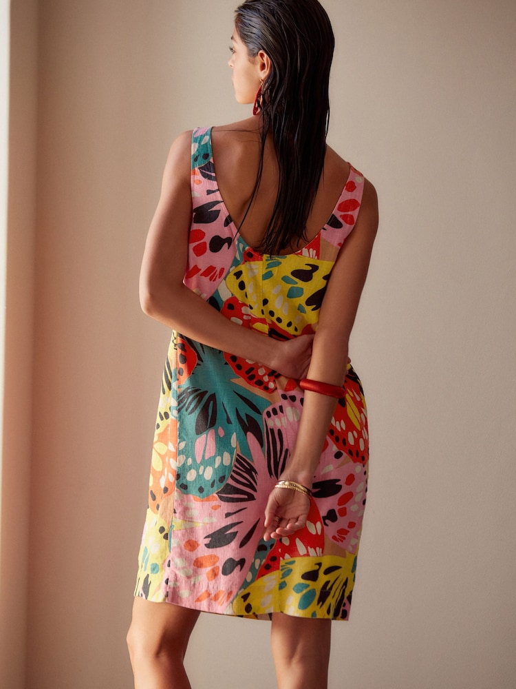 Pink Floral Linen Blend Sleeveless Shift Dress - Image 2 of 6