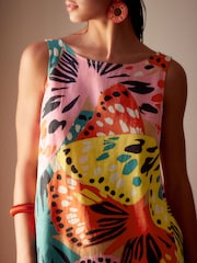 Pink Floral Linen Blend Sleeveless Shift Dress - Image 4 of 6